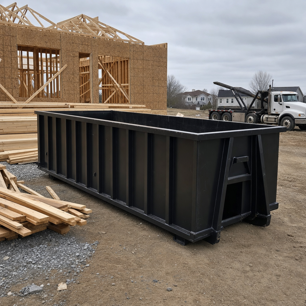 Matte-black 40-yard roll-off dumpster staged on a framed-out residential construction site in Northport, framing lumber stacked nearby, hooklift delivery truck visible in the background under bright Colorado daylight