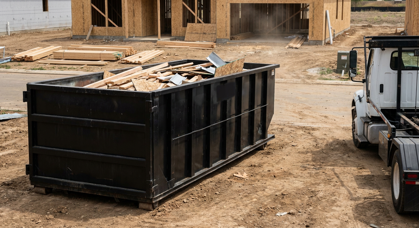 Matte-black 20-yard roll-off construction dumpster with heavy ribbed steel sidewalls and swing rear doors at a working jobsite in Northport, sitting directly on compacted dirt with an unmarked white hauler partially visible at the far edge of the frame.