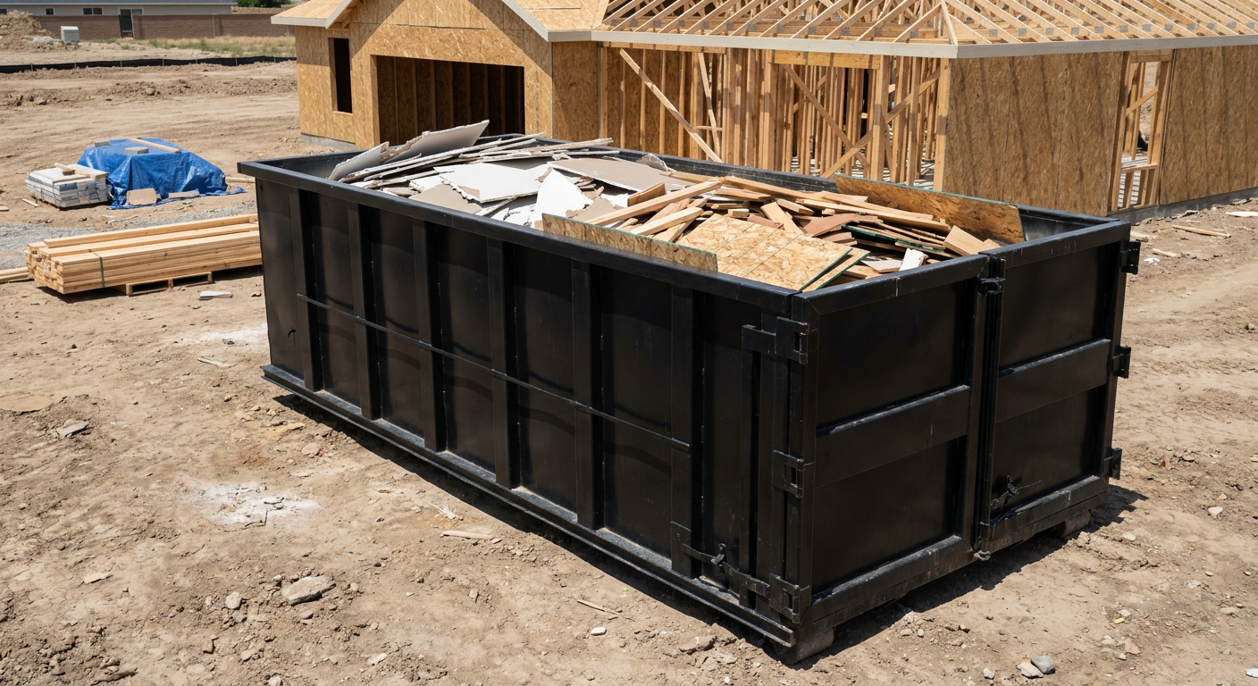 Matte-black 30-yard roll-off construction dumpster sitting directly on the compacted-dirt site of a framed single-family home build in Northport, drywall and lumber scrap loaded inside.