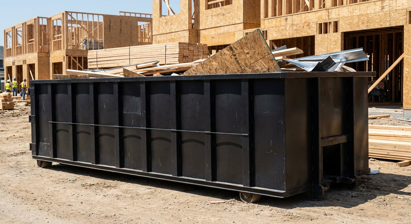 Matte-black 40-yard roll-off construction dumpster being lowered from a white-cab hooklift delivery truck onto the compacted-dirt jobsite at a commercial build site in Northport