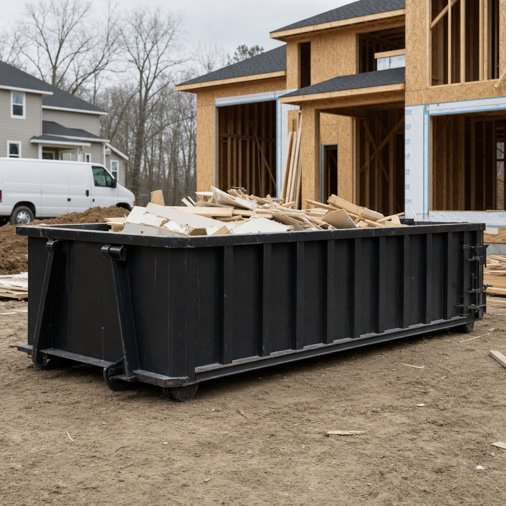 Worker in a yellow high-visibility vest tossing framing lumber and broken drywall into a matte-black 30-yard construction roll-off dumpster on an active build site in Northport, bright daylight