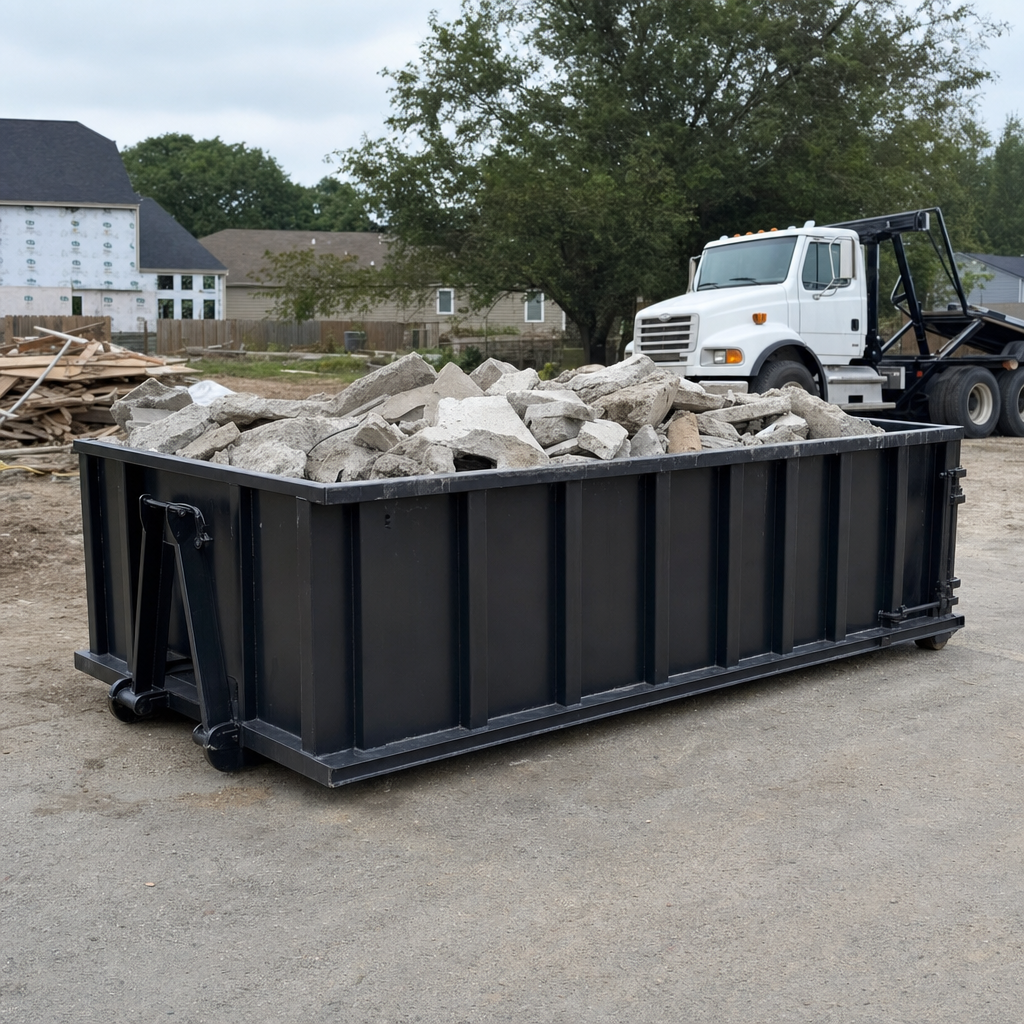 Low-profile matte-black lowboy roll-off dumpster loaded with broken concrete slab and rebar at a foundation tear-out in Northport, skid steer parked beside it, sunny Colorado morning