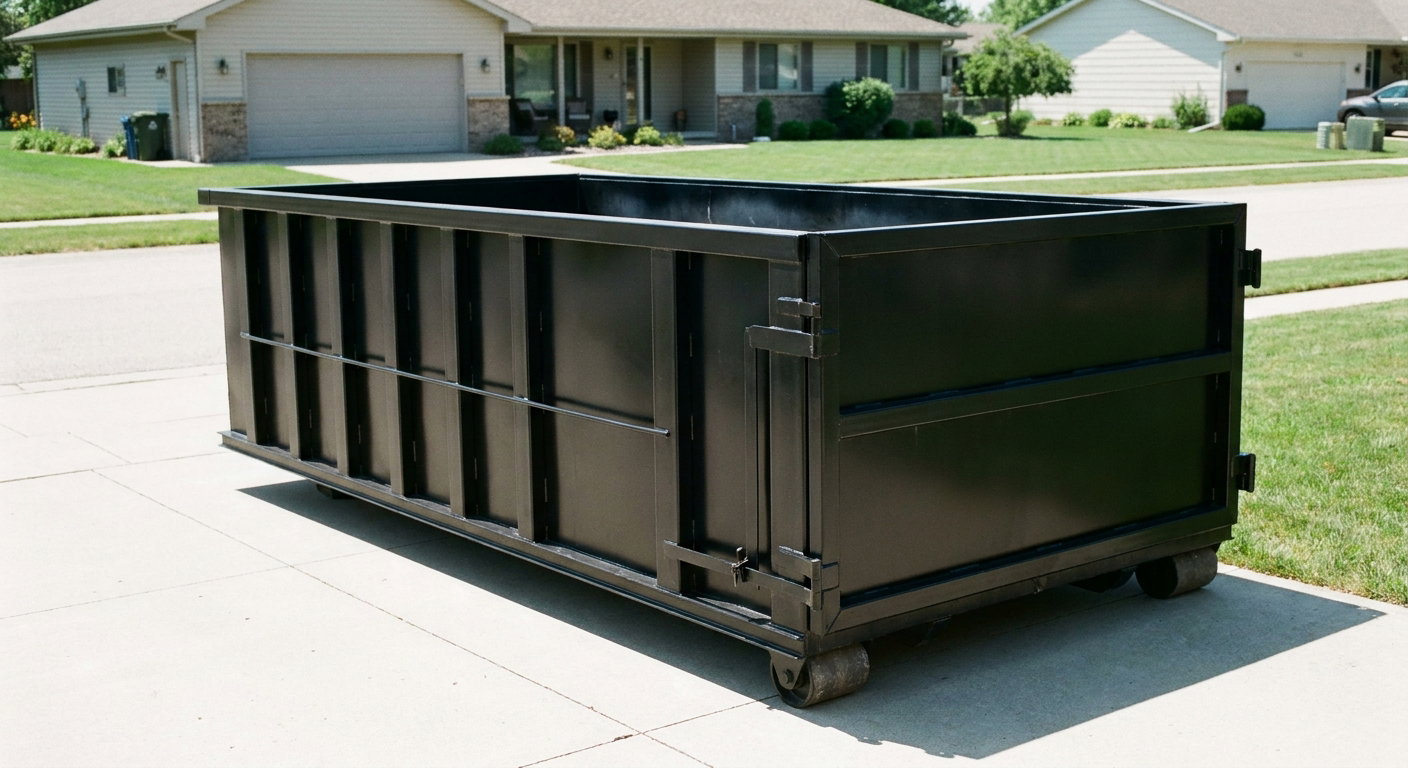 Matte-black 10-yard roll-off dumpster on a residential concrete driveway in Northport, uniformly painted matte black across every panel and rail, ribbed steel sidewalls and rear swing door visible, mid-day daylight.