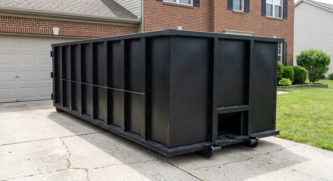 Matte-black 20-yard roll-off container on a Northport residential concrete driveway with reinforced ribbed steel sidewalls and a hinged rear walk-in door, clean bright daylight.