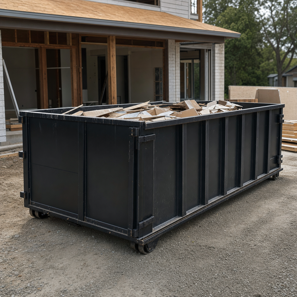 Large matte-black 30-yard construction roll-off dumpster at an active Northport jobsite, steel-gray top rails and bottom rollers visible, loaded with construction debris.