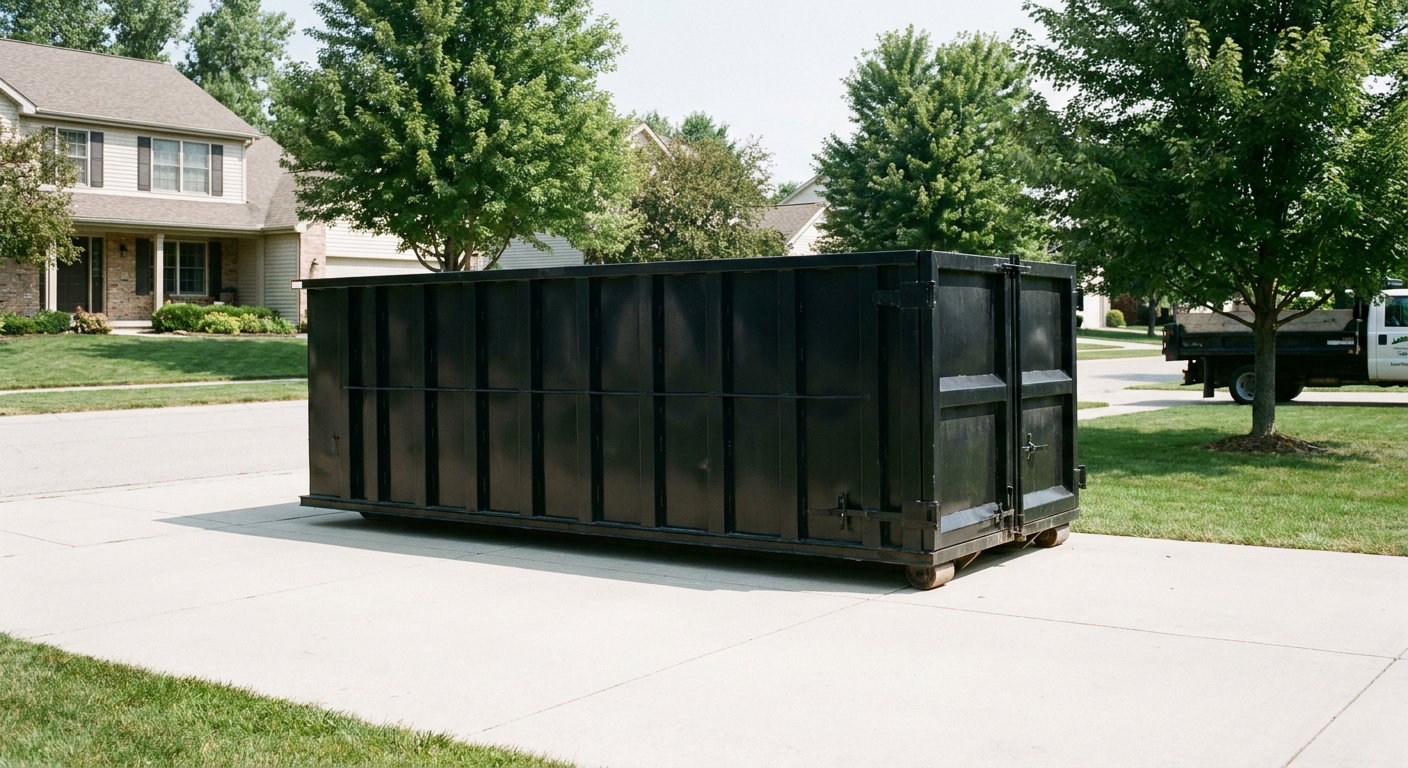 Matte-black 20-yard roll-off dumpster sitting level on a clean Northport residential concrete driveway under bright daylight, demonstrating clean placement directly on the concrete.