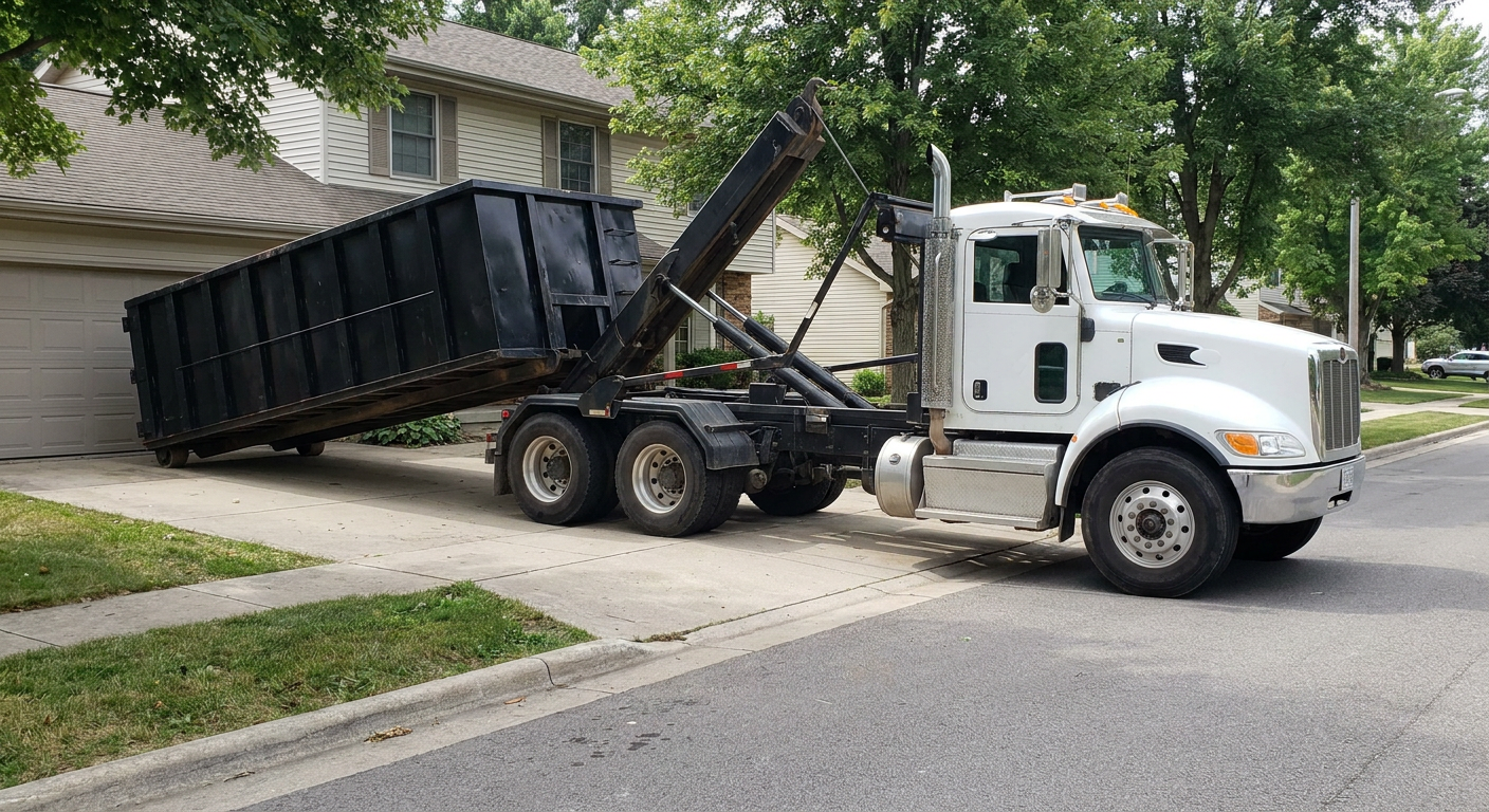 White-cab hooklift roll-off truck actively lowering a matte-black dumpster onto a Northport residential concrete driveway, the dumpster's rear wheels touching the driveway as the hoist arm tilts the bed forward, mid-morning daylight.