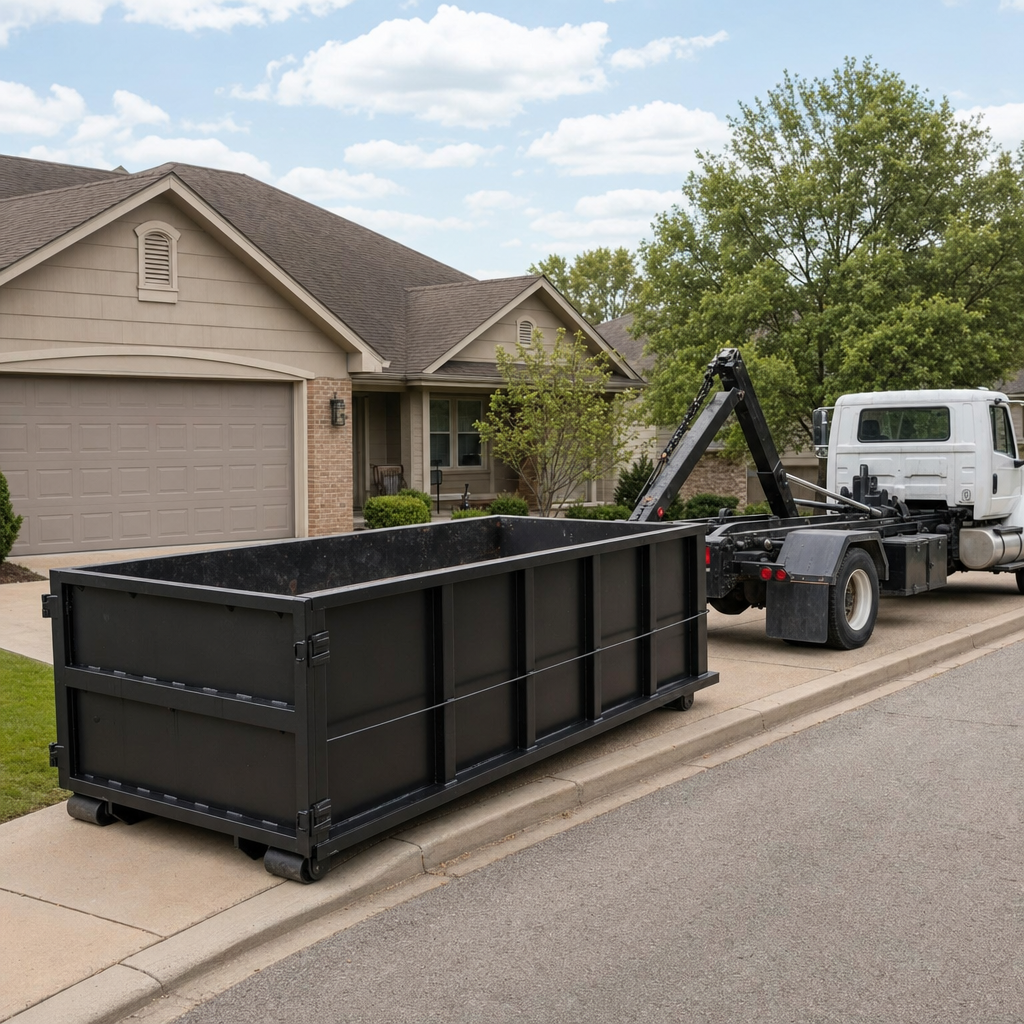 Wide documentary shot of a matte-black roll-off dumpster on a Northport residential driveway in the foreground and a contractor jobsite container in the soft-focus background, bright daylight, calm and orderly composition.