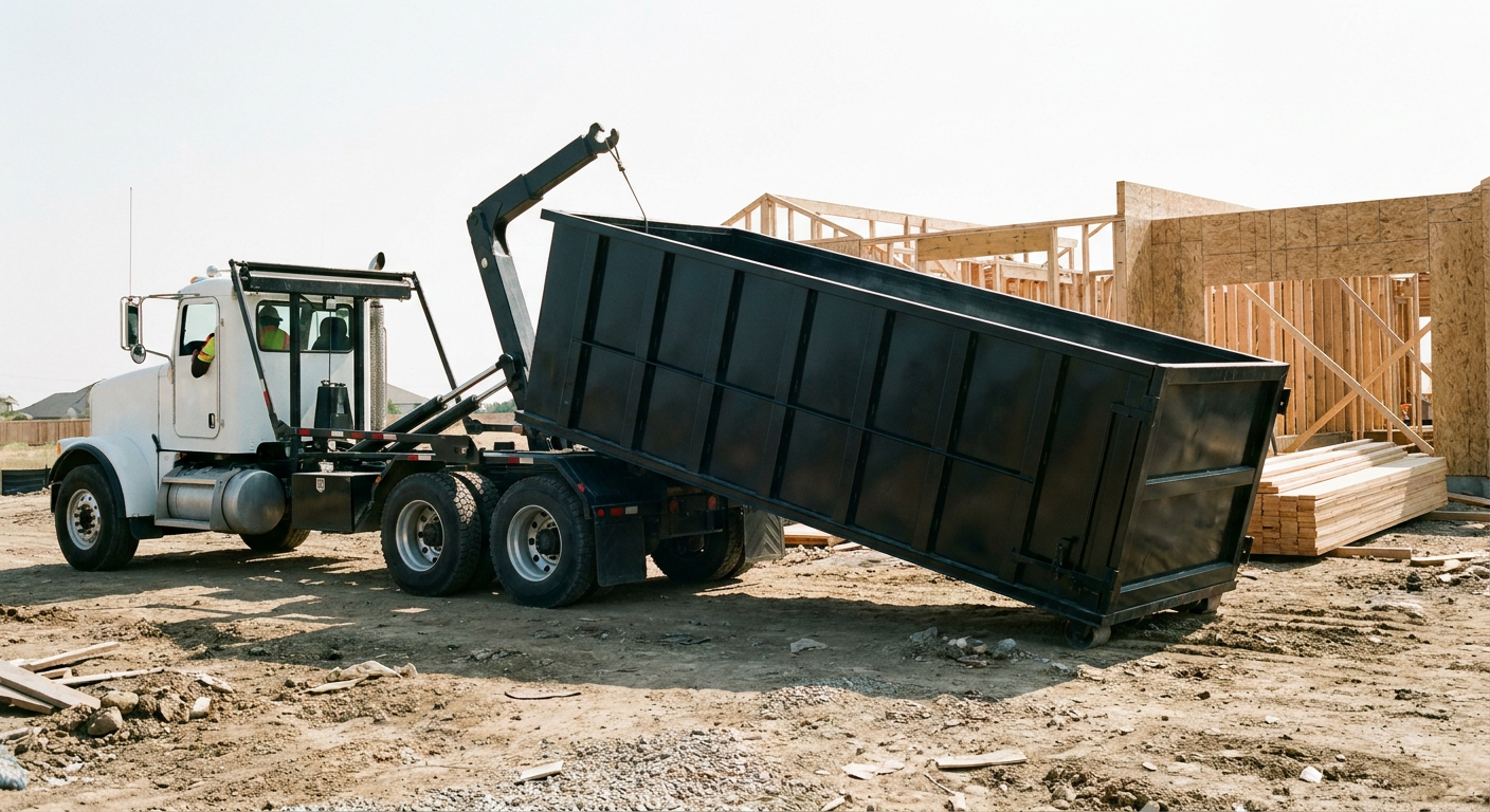 Matte-black roll-off dumpster being delivered onto a clean residential concrete driveway in Northport by an unmarked white hooklift hauler truck, bright morning daylight, documentary 35mm perspective.