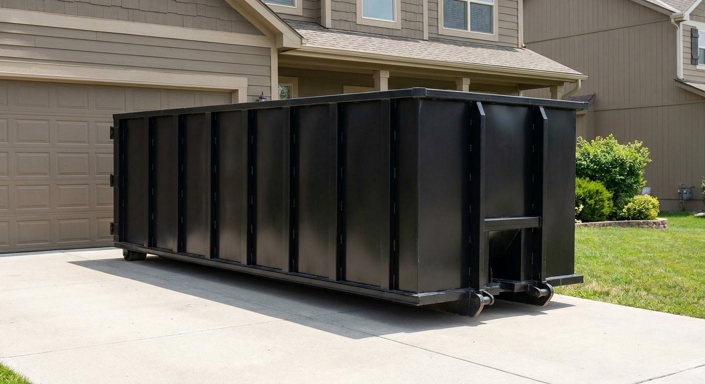 Matte-black residential roll-off dumpster sitting directly on a suburban Northport concrete driveway, garage door closed, single-family home in background, bright morning daylight.