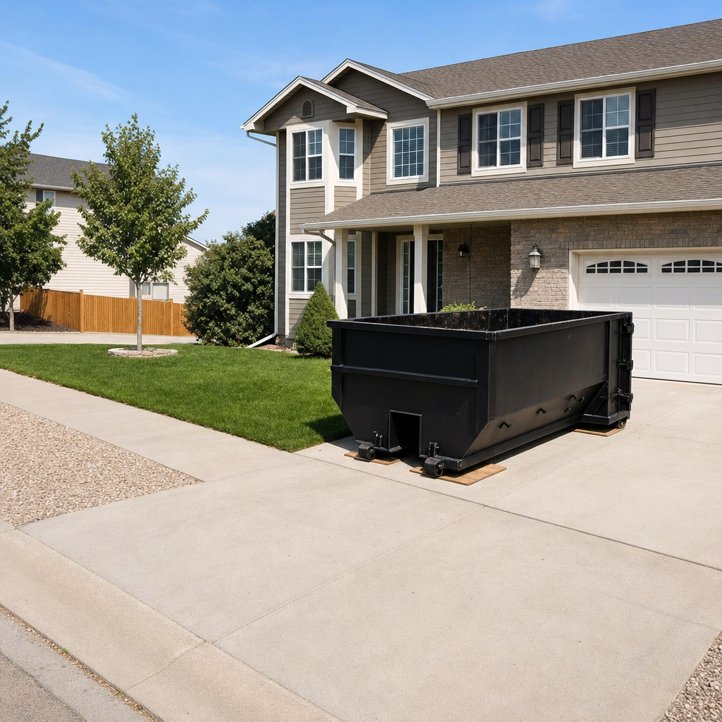 10-yard matte-black residential dumpster placed directly on a narrow Northport concrete driveway, room remains for a parked sedan beside it, mid-morning natural light