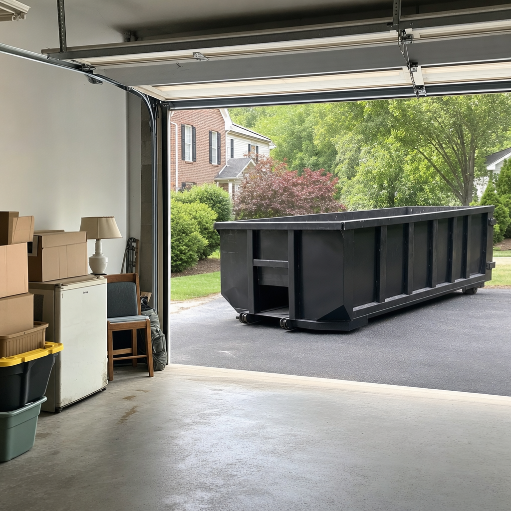 Open garage interior in a Northport home mid-cleanout — boxed items, an old appliance, and stacked yard tools queued near the driveway for a matte-black roll-off dumpster, organized and calm