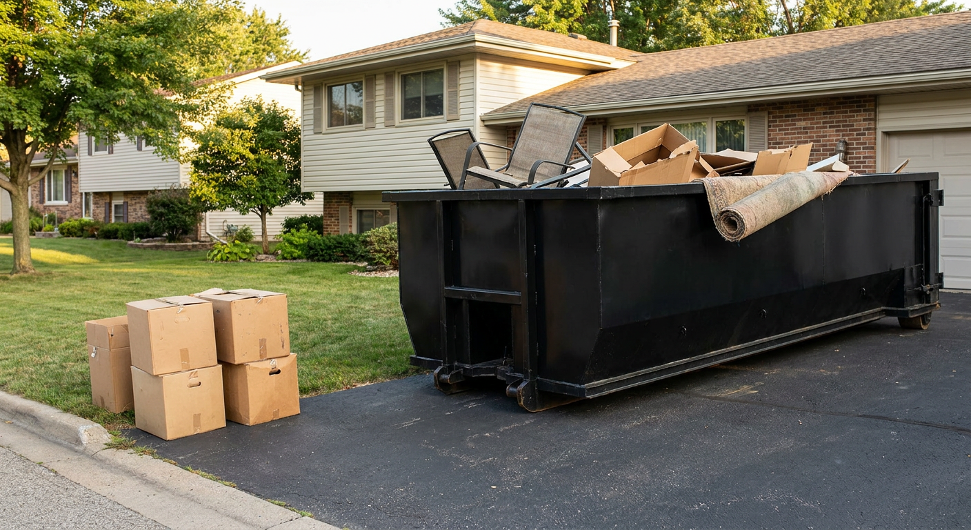 Front-yard view of a Northport split-level home with a 20-yard matte-black roll-off dumpster sitting directly on the asphalt driveway, a few clearly labeled donation boxes staged at the curb, calm sunny afternoon.