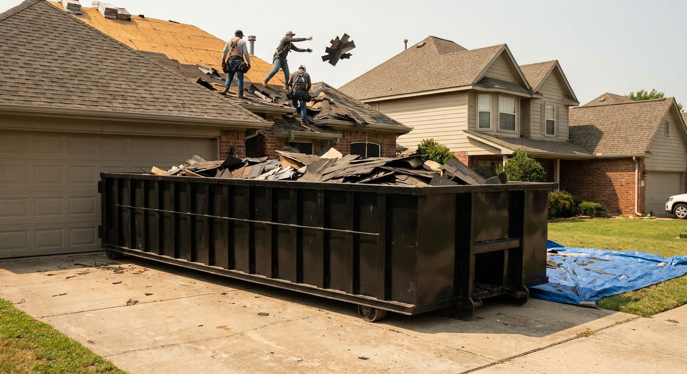 Matte-black roofing roll-off dumpster placed directly on a Northport residential concrete driveway, a tear-off crew on a two-story asphalt-shingle roof tossing shingle bundles into the low-walled container, bright daylight, documentary 35mm perspective.