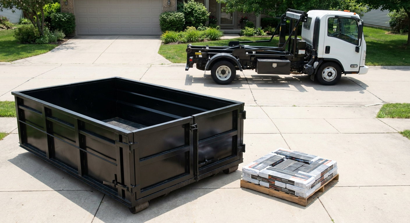 Matte-black 15-yard roofing roll-off dumpster with reinforced low side walls sitting directly on a Northport residential concrete driveway, three-tab asphalt shingle bundles stacked nearby, an unmarked white hauler truck partially visible at the edge of the frame.