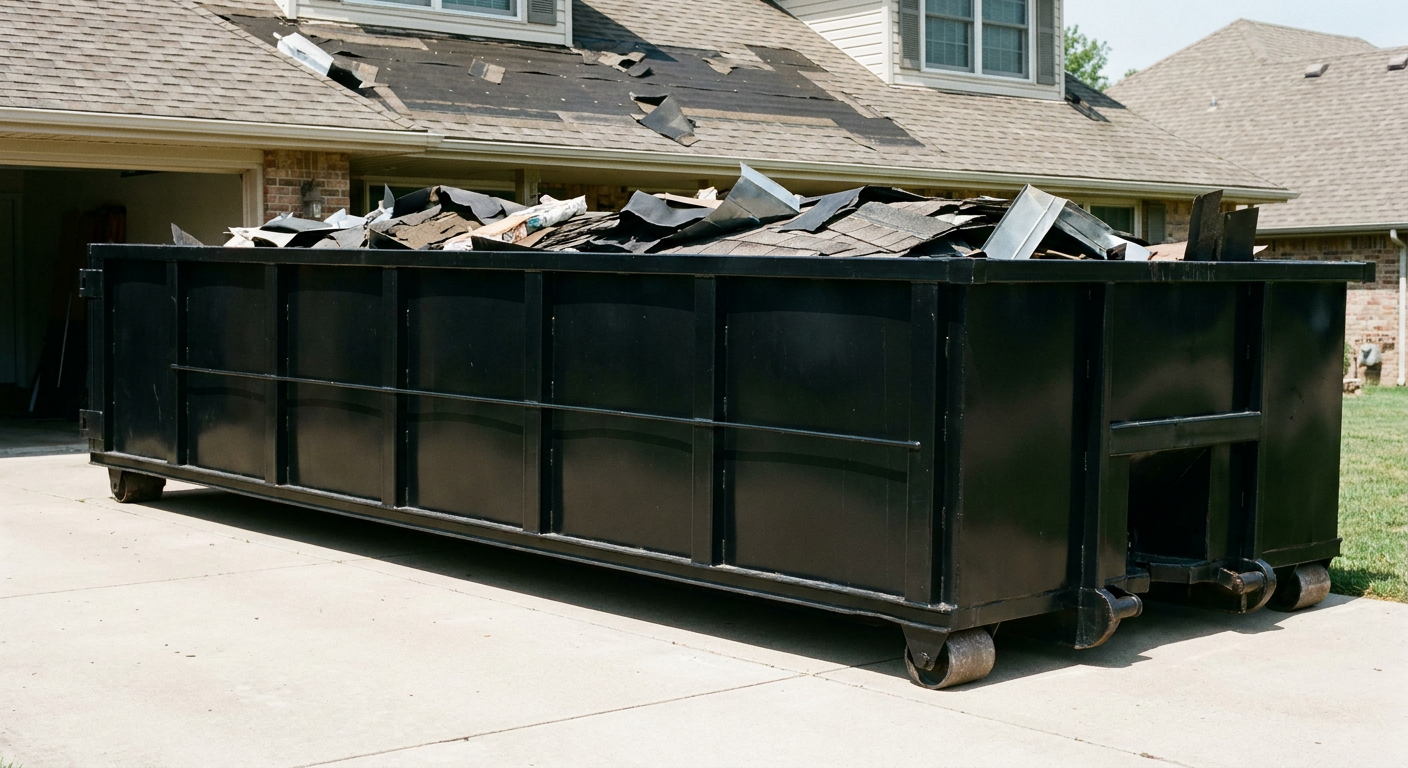 Matte-black 20-yard roofing roll-off dumpster with steel ribbed sides and swinging rear door, sitting directly on the concrete driveway of a two-story Northport home, asphalt shingle debris being loaded over the low wall, clean documentary lighting.