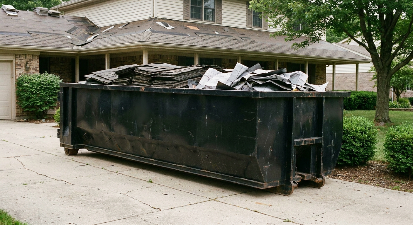 Matte-black 30-yard roofing roll-off dumpster sitting directly on a Northport concrete driveway, taller ribbed steel side panels, mixed tear-off debris of asphalt shingles and underlayment inside, professional documentary daylight.