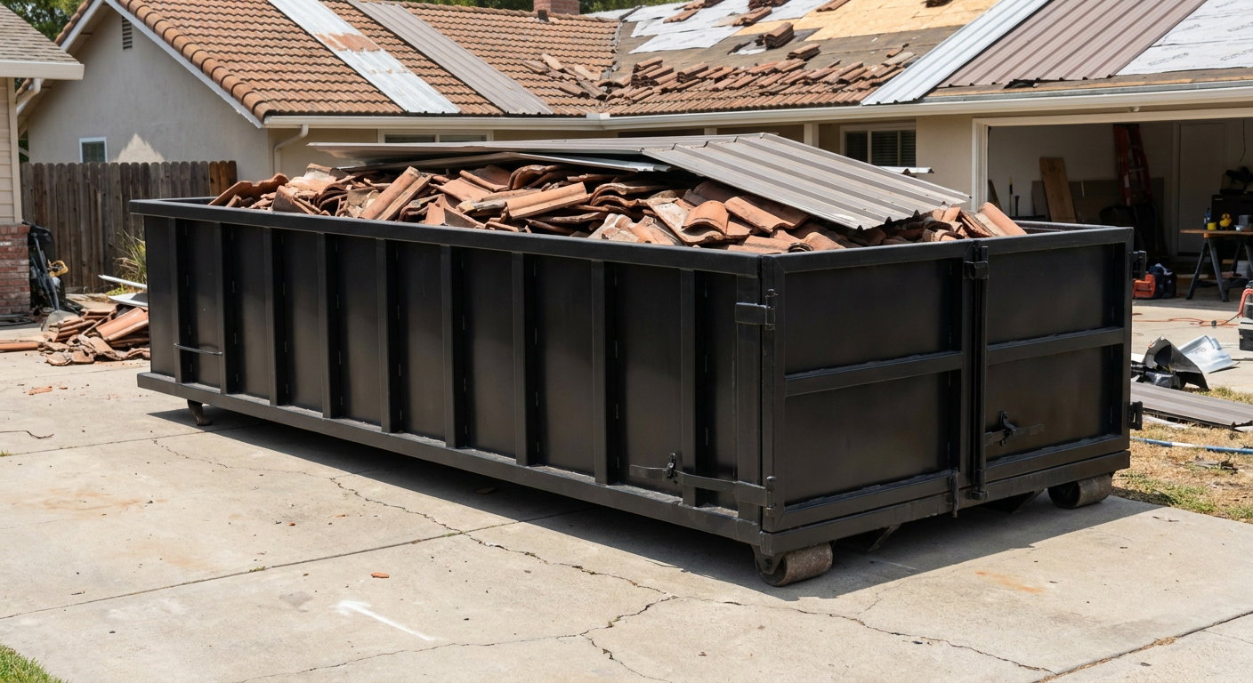 Matte-black low-wall heavy-debris roofing roll-off dumpster sitting directly on a Northport concrete driveway, broken concrete clay roof tiles and metal panel sections loaded inside, reinforced ribbed steel side walls visible, bright outdoor daylight.