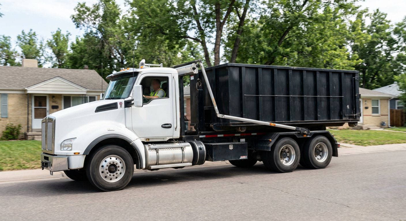 A wide documentary shot of a matte-black roll-off delivery truck pulling onto a quiet Northport residential street at mid-morning, with neighborhood rooftops and tree-lined blocks visible behind, showing the metro coverage footprint.