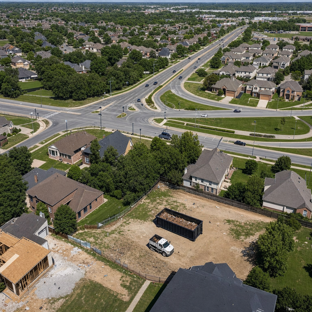 An overhead documentary view of the Northport metro area at midday, showing the spread of neighborhoods, arterial roads, and the dispatch radius from a central yard — clean daylight, organized geographic layout.