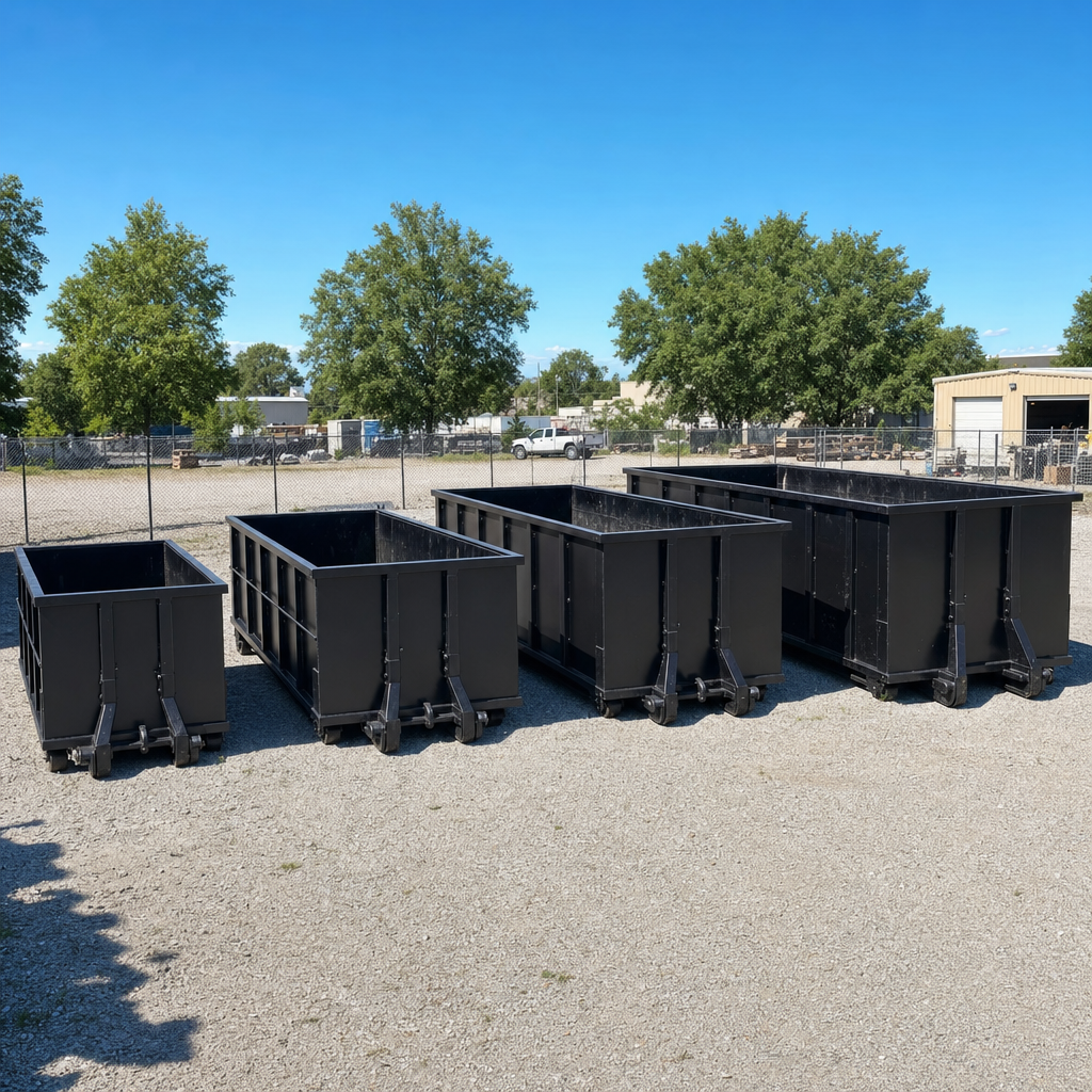 A clean lineup of matte-black roll-off dumpsters in 10, 20, 30, and 40-yard sizes staged on a sunlit gravel yard in Northport, showing the size progression from compact to commercial-scale containers.