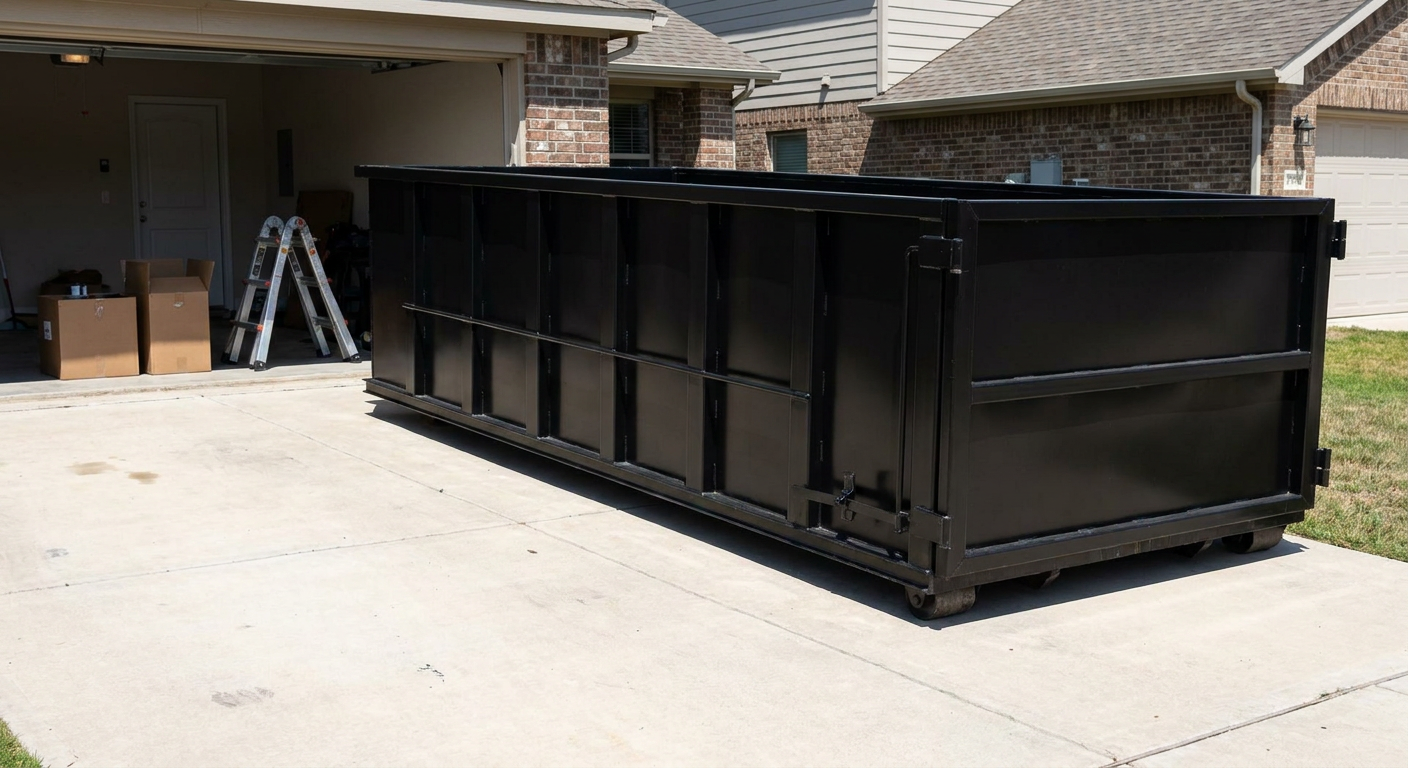 A matte-black 10-yard roll-off dumpster sitting directly on a residential Northport concrete driveway, mid-day sunlight, clean and ready for a garage cleanout.