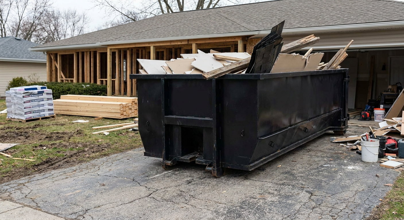 A matte-black 20-yard roll-off dumpster placed alongside a mid-renovation Northport home directly on the asphalt driveway, with framing materials and torn-off shingles staged neatly nearby.