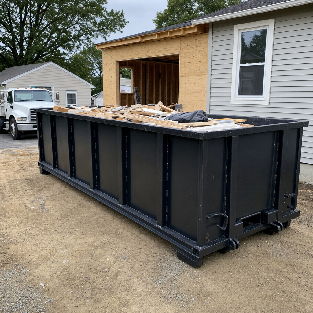A matte-black 30-yard roll-off dumpster positioned at a Northport residential addition jobsite, with framing lumber and drywall scraps loaded through the open swinging rear doors.