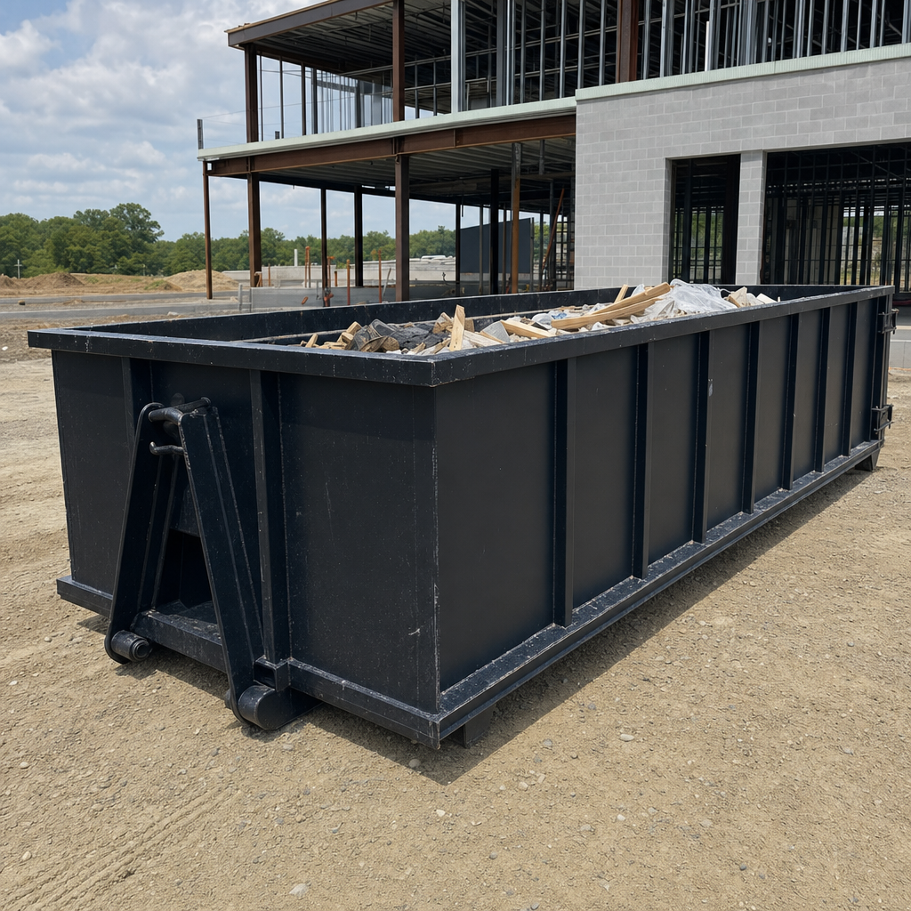 A matte-black 40-yard roll-off dumpster staged on a large Northport commercial construction lot, with a hooklift delivery truck parked alongside under bright midday sky.