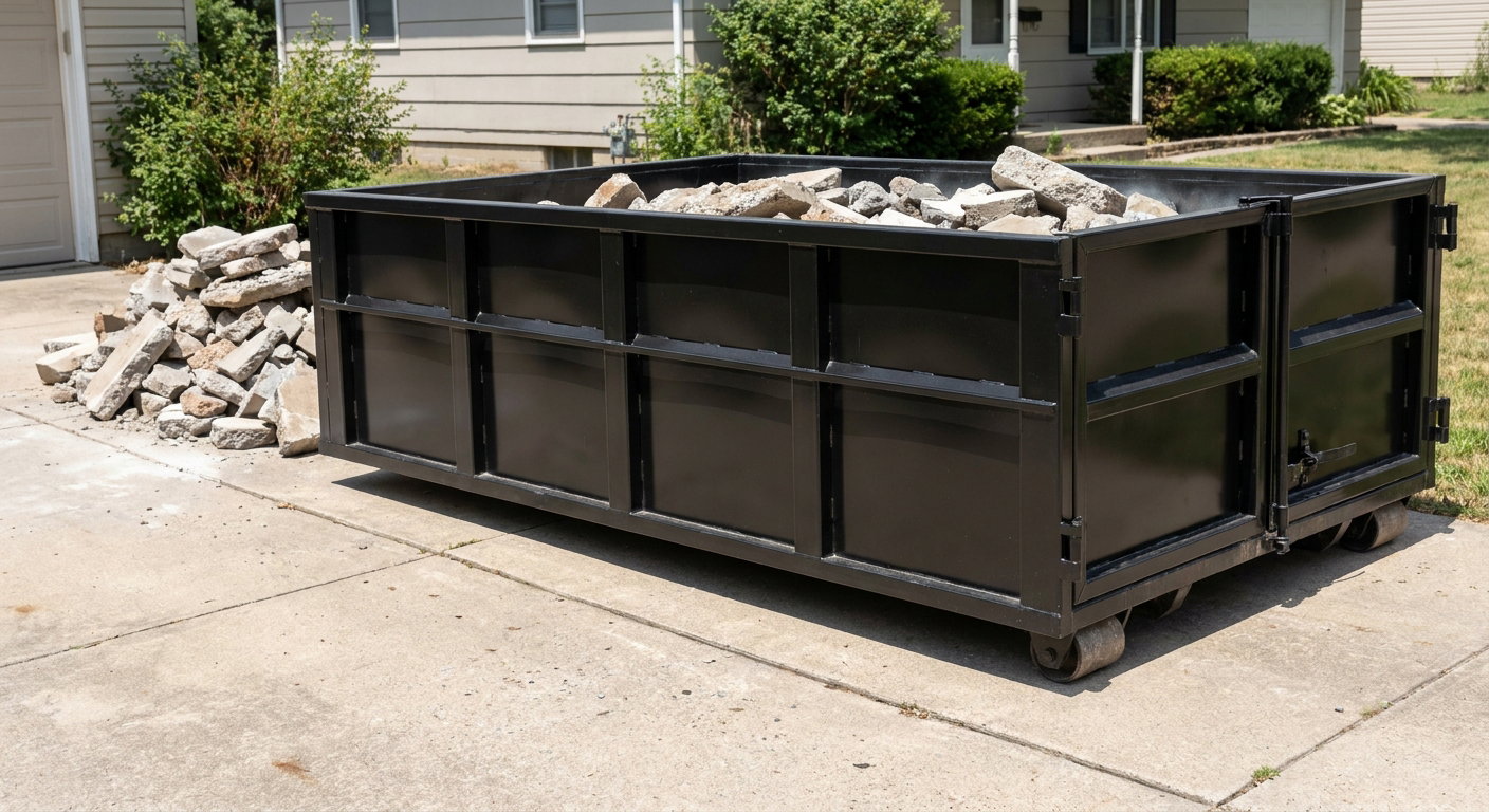 A matte-black low-side heavy-debris roll-off dumpster placed directly on a Northport concrete driveway, with broken concrete chunks neatly stacked beside it under clean daylight.
